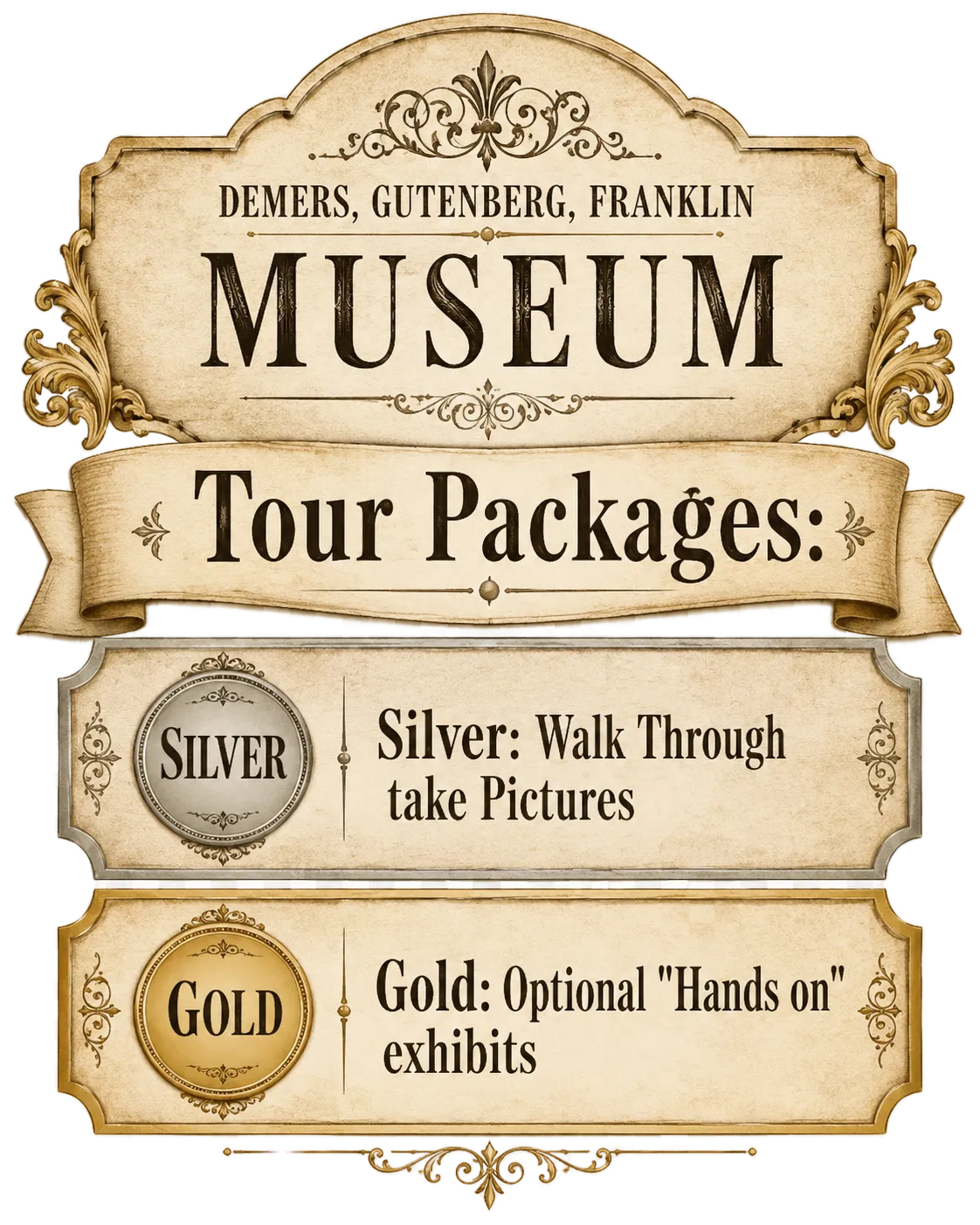 Tour Packages Silver- Walk Through take Pictures, Gold Optional Hands on exhibits